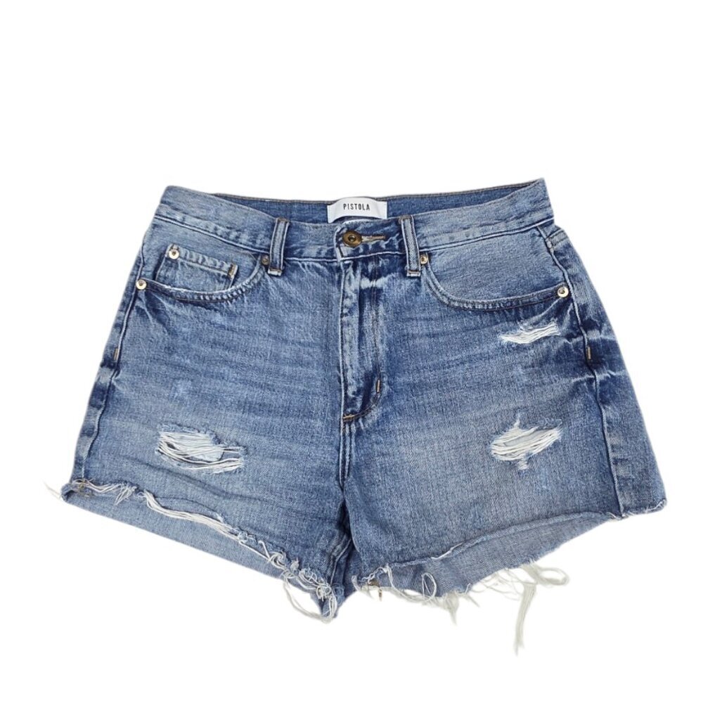Pistola Cut-Off Denim Shorts, High Rise , Zip Fly, Cotton Rayon, Blue, Size 27